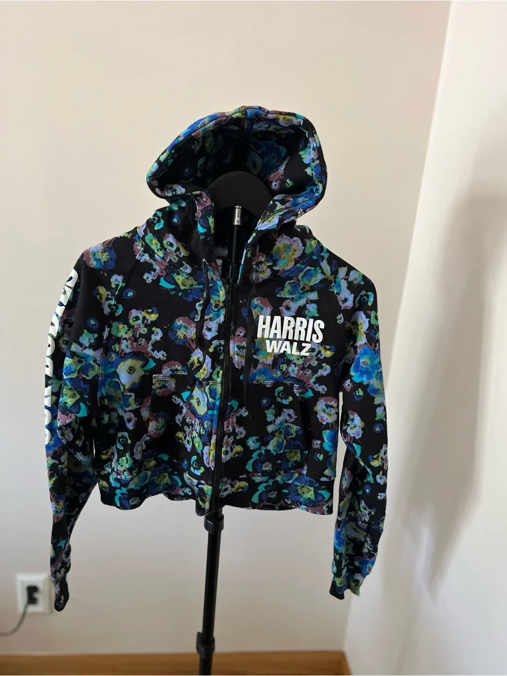 Ulla Johnson Black Floral Hooded Bomber Jacket with Blue & Green Accents